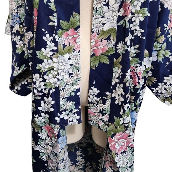 WOMEN'S YUKATA ROBE JAPANESE SUMMER KIMONO CHERRY BLOSSOM NAVY OS - Picture 11 of 13